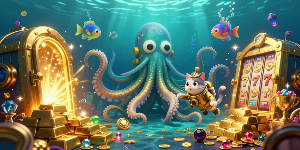 Play thrilling slots at slot resmi with a vibrant underwater scene featuring a golden kraken and treasure.