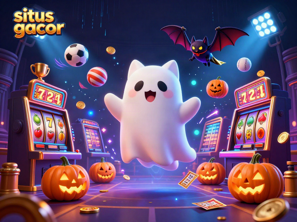Experience situs gacor with a playful ghost cat and vibrant casino elements in this dynamic illustration.