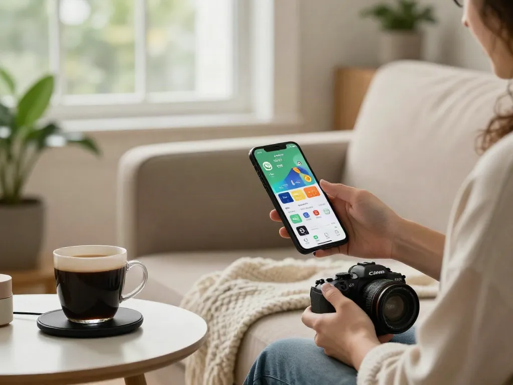 Engaged user exploring OGWhatsApp features on a smartphone in a cozy living room.