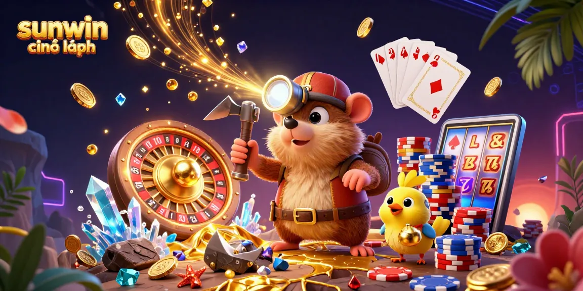 Play and win with sunwin chính hãng, featuring vibrant casino elements in a dynamic 3D illustration.