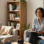 Counseling Norfolk session showing therapist and client in a warm office setting, promoting mental health and wellness.