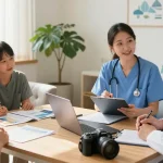 Healthcare professional providing compassionate canada care to diverse patients in a welcoming clinic.